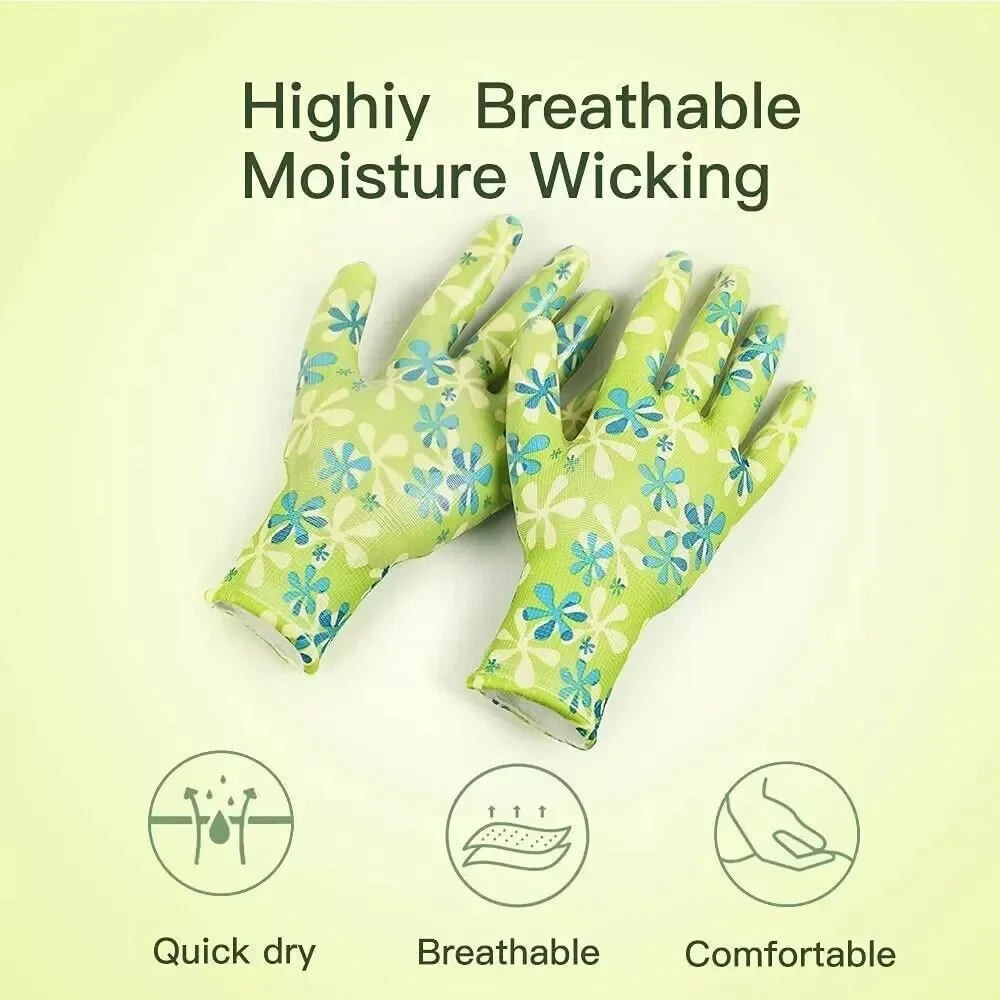 3 Pairs Gardening Work Gloves, Coated, Breathable, Multicolor Printed Size L